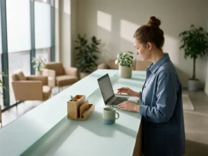 Deeltijdwerknemer klokt vroeg uit aan een moderne receptiebalie met open laptop en minimalistische bureauorganizer in zacht blauwgroen licht.