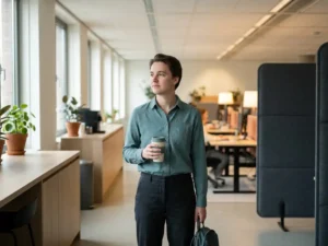 Flexwerker in casual kleding klaar voor een dienst in een moderne Nederlandse kantoorkantine met open werkruimte op de achtergrond.