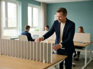 Zelfverzekerde werkgever past flexibele bureaupartitie aan in modern Scandinavisch kantoor met eiken oppervlakken en zacht daglicht.