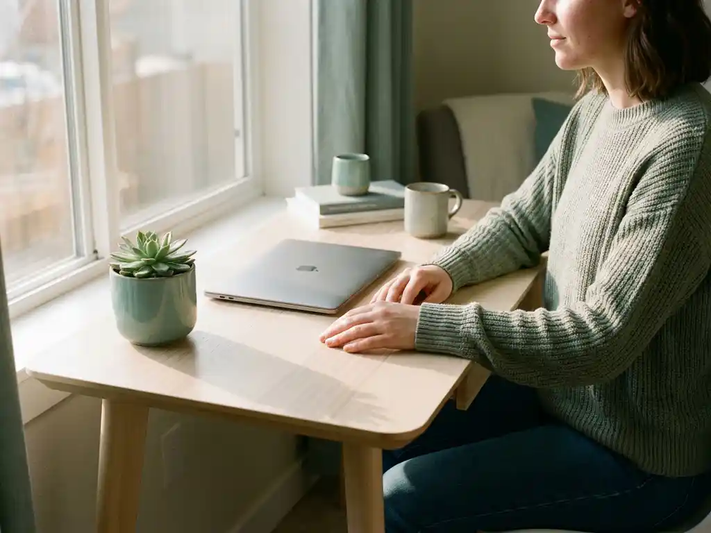 Freelance professional aan opgeruimd modern bureau met laptop en vetplantje, warm natuurlijk zijlicht, rustige teal-blauwe sfeer.