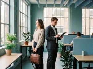 Freelancer met laptoptas en werknemer in zakelijke kleding staan rug aan rug in modern Nederlands kantoor met natuurlijk daglicht.