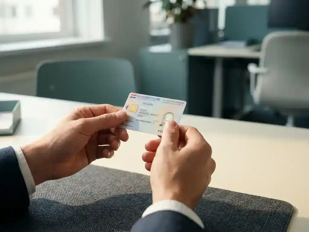 Professionele handen houden een Nederlands identiteitsbewijs boven een modern bureau in zacht natuurlijk licht.