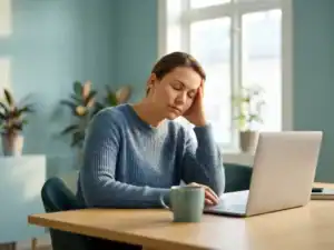 HR-professional leunt vermoeid op hand aan modern bureau met laptop en koffiemok in rustgevende blauwtinten kantooromgeving.