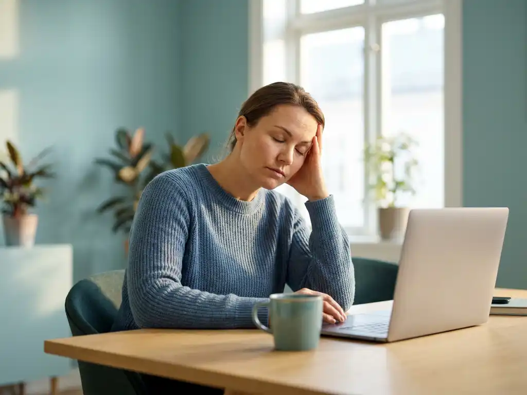 HR-professional leunt vermoeid op hand aan modern bureau met laptop en koffiemok in rustgevende blauwtinten kantooromgeving.