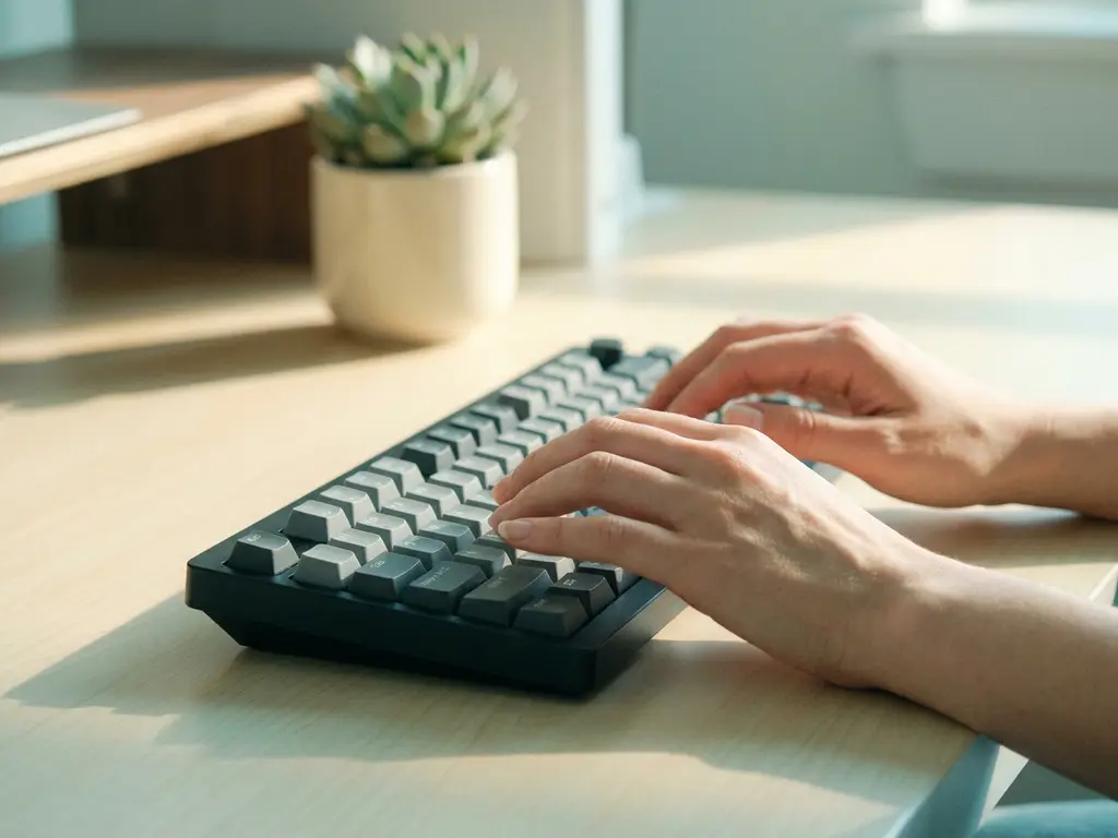 Handen boven een modern toetsenbord op een minimalistische bureau, met een kleine vetplant op de achtergrond en zacht natuurlijk licht.