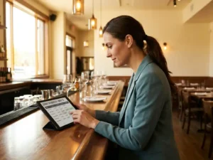 Horecamanager bekijkt personeelsroosters op tablet aan een restaurantbar, warm sfeerlijk licht weerspiegelt in glaswerk en walnoothout.