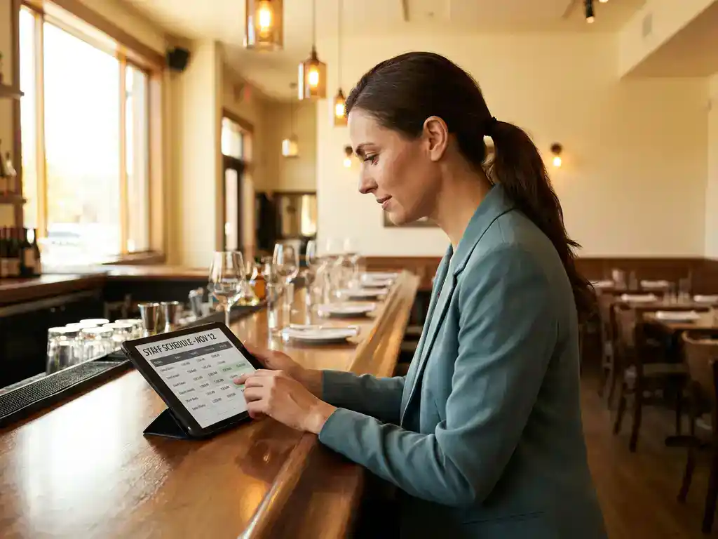 Horecamanager bekijkt personeelsroosters op tablet aan een restaurantbar, warm sfeerlijk licht weerspiegelt in glaswerk en walnoothout.