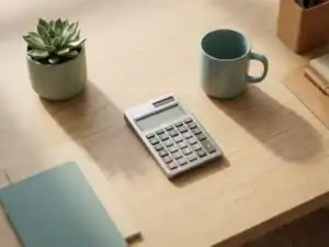 Modern houten bureau met succulent, zilveren rekenmachine en keramische koffiemok in zachte natuurlijke belichting.