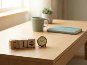 Houten kalenderblokjes en miniatuurklokje op modern bureau in salie- en teakleurige tinten met zacht zijlicht.