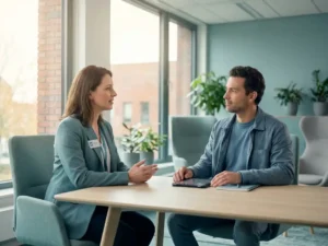 HR-manager en zelfstandige contractant in gesprek aan modern bureau in Nederlands kantoor, zachte teal tinten, natuurlijk licht.