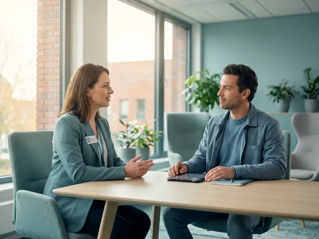 HR-manager en zelfstandige contractant in gesprek aan modern bureau in Nederlands kantoor, zachte teal tinten, natuurlijk licht.