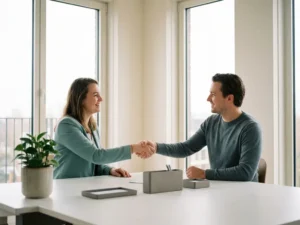 HR-manager en medewerker schudden handen in modern Nederlands kantoor met natuurlijk licht en minimalistische werkplek.