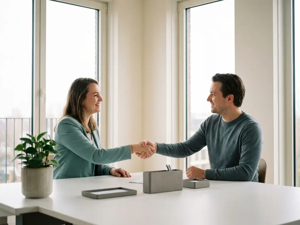 HR-manager en medewerker schudden handen in modern Nederlands kantoor met natuurlijk licht en minimalistische werkplek.