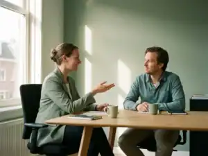 HR-manager en recruiter in gesprek aan modern bureau in licht Nederlands kantoor met salie- en tealgrijze tinten.