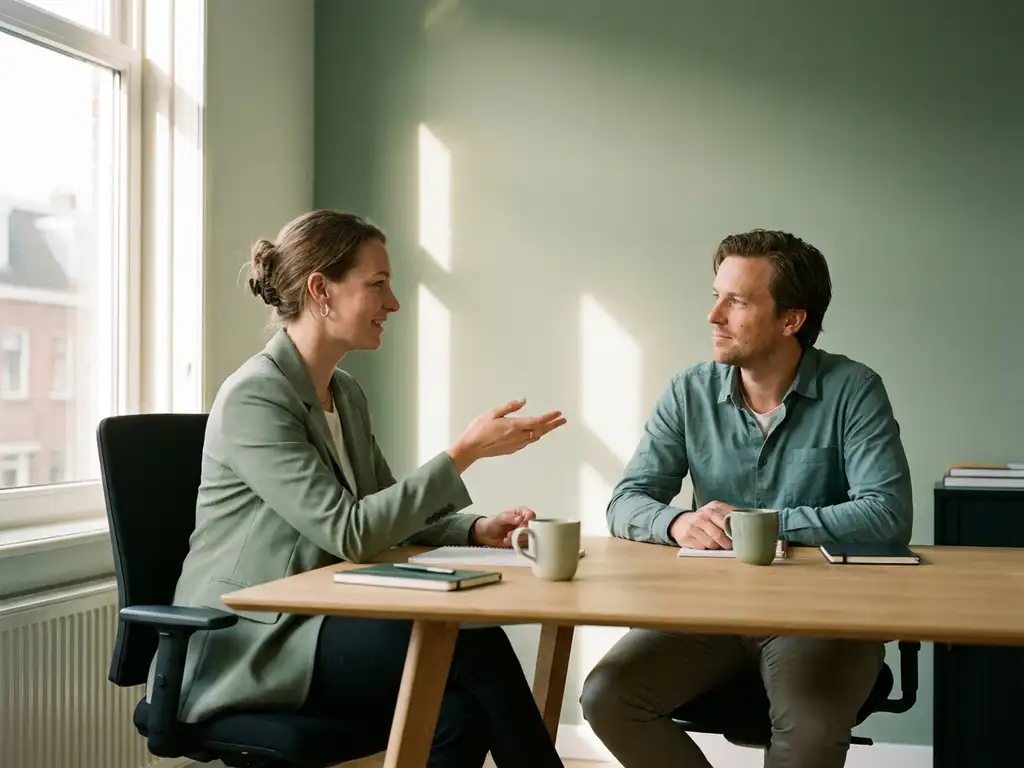 HR-manager en recruiter in gesprek aan modern bureau in licht Nederlands kantoor met salie- en tealgrijze tinten.