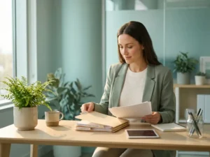 HR-professional organiseert personeelsdossiers en contracten aan modern bureau met zachte teakleurige kantoorinrichting en natuurlijk raamlicht.
