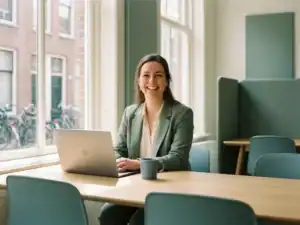 HR-professional aan een opgeruimd bureau met laptop en teal mok in modern Nederlands kantoor, warm natuurlijk licht.