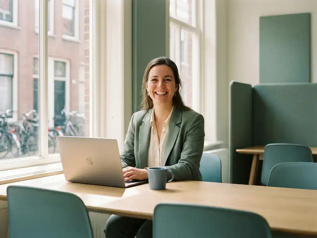 HR-professional aan een opgeruimd bureau met laptop en teal mok in modern Nederlands kantoor, warm natuurlijk licht.
