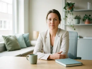 HR-professional aan modern bureau in Nederlands kantoor met saliegroen interieur en warm natuurlijk licht.