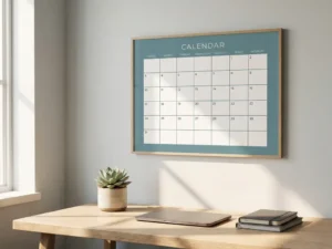 Professionele kalender in teal-blauwtinten aan kantoorwand, met minimalistisch bureau, vetplantje en warm natuurlijk licht.