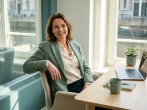 Zelfverzekerde professional in smart casual kleding aan een modern bureau in een licht Nederlands kantoor.