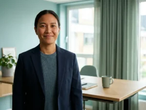 Zelfverzekerde professional in zakelijke kleding in een modern Nederlands kantoor met lichtblauwe muren en minimalistisch bureau op de achtergrond.