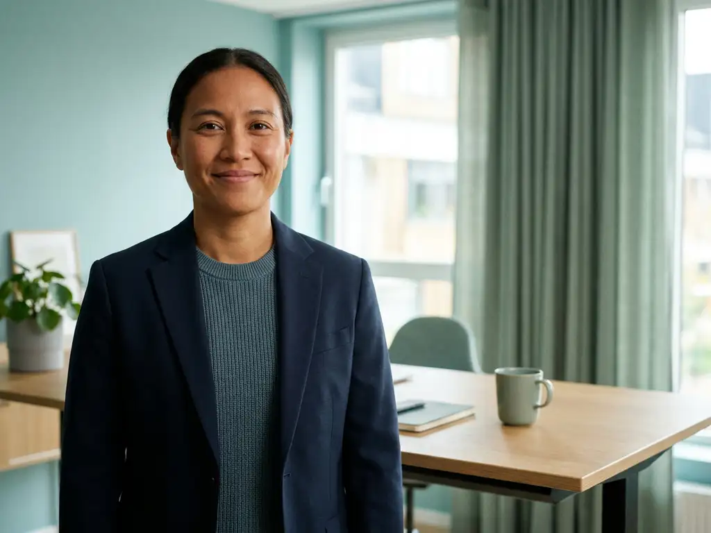 Zelfverzekerde professional in zakelijke kleding in een modern Nederlands kantoor met lichtblauwe muren en minimalistisch bureau op de achtergrond.