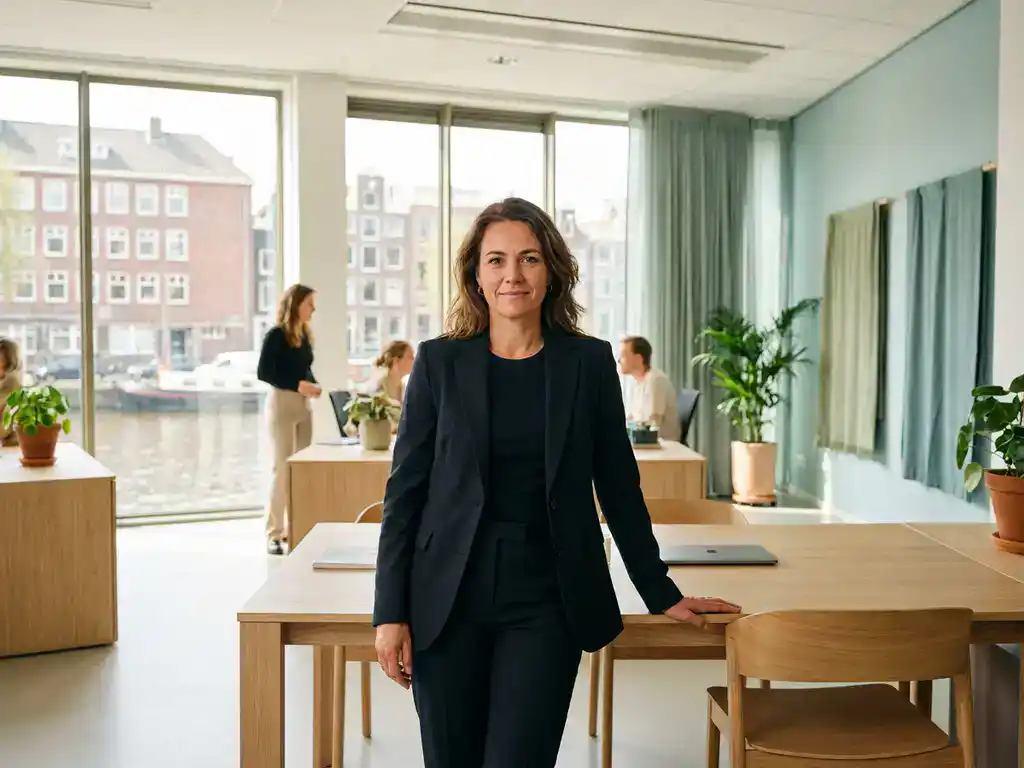 Zelfverzekerde professional in zakelijk pak bij een licht open kantoor in Nederland, hand op bureau, natuurlijk daglicht door grote ramen.