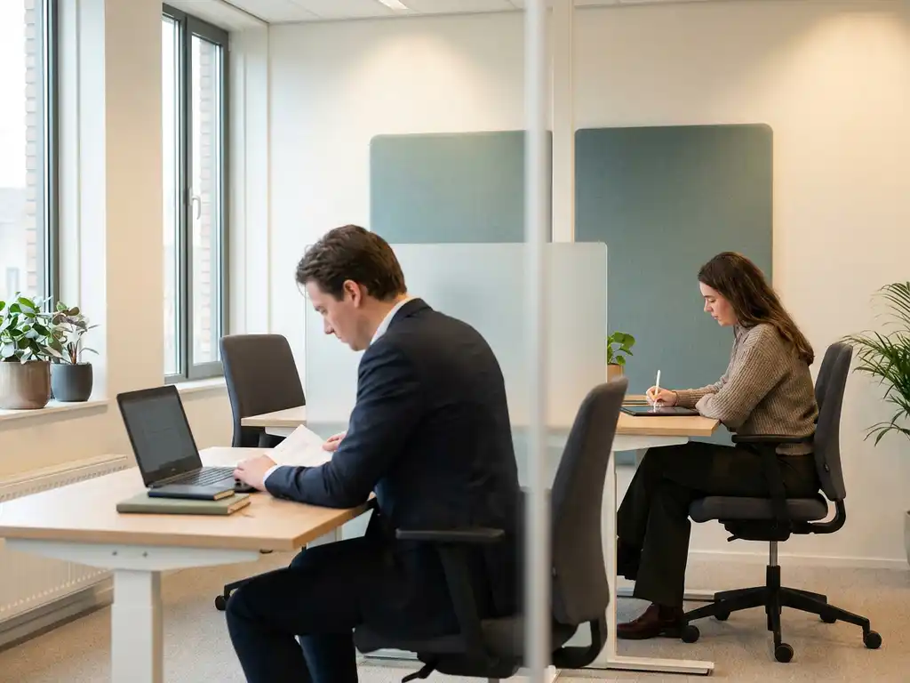 Twee professionals werken geconcentreerd aan afzonderlijke bureaus in een modern Nederlands kantoor met zacht natuurlijk licht.