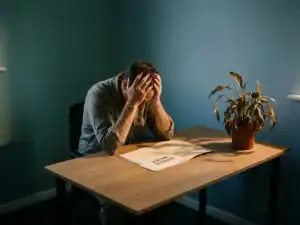 Kleine ondernemer aan minimalistisch bureau, hoofd gebogen onder stress, met een map voor een achterstallige factuur en een verwelkte plant op de achtergrond.