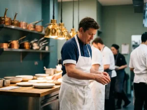 Horecamedewerker in wit schort beheert druk restaurantpasseerstation, koperen pannen en zacht tint groene muren op de achtergrond.