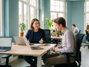Manager geeft heldere instructies aan medewerker in modern Nederlands kantoor met natuurlijk licht en strakke werkplek.