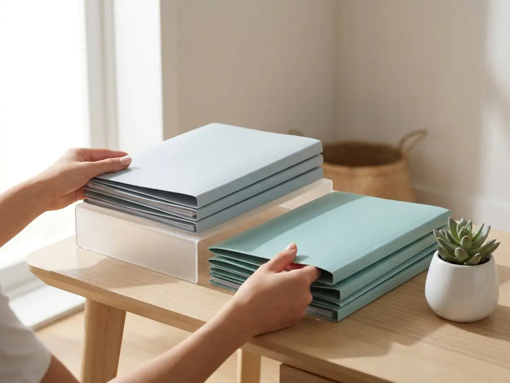 Handen die twee nette stapels mappen ordenen op een minimalistisch bureau met zachte blauw-groene tinten en een vetplant op de achtergrond.