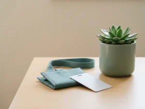 Gevouwen medewerkersbadge en toegangspas naast een succulent op een bureau, zacht natuurlijk licht, mintgroene tinten.