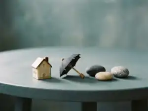 Miniatuur huis, paraplu en kiezelstenen op mat blauwgrijs oppervlak in zacht studiolicht.