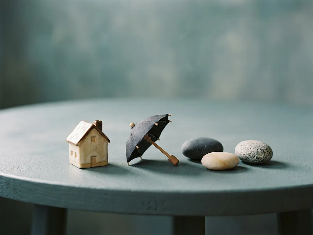 Miniatuur huis, paraplu en kiezelstenen op mat blauwgrijs oppervlak in zacht studiolicht.