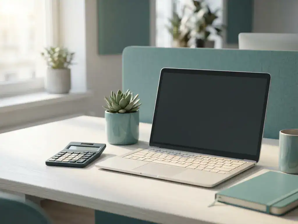 Modern bureau met laptop, vetplantje en minimalistische rekenmachine in zacht ochtendlicht, HR-kantooromgeving.