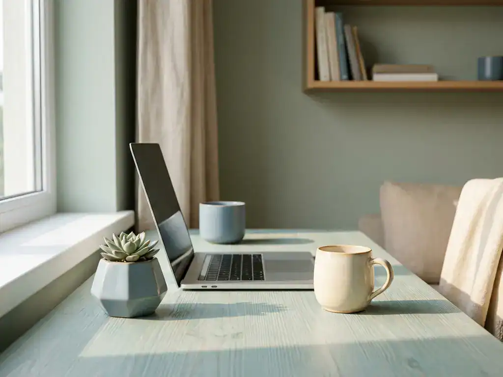 Modern bureau met laptop, vetplantje en keramische koffiemok in zacht natuurlijk licht op een lichtblauw werkoppervlak.