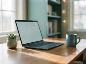 Modern bureau met laptop, vetplantje en minimalistisch koffiekopje in zacht daglicht met rustgevende teal- en blauwgrijze tinten.