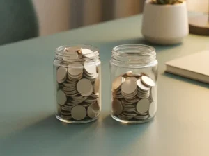 Twee glazen potjes met gouden munten op een modern bureau, één volledig gevuld, het andere iets minder, zacht zijlicht op een salie-groene ondergrond.