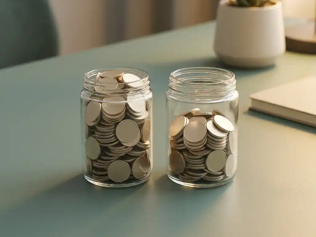 Twee glazen potjes met gouden munten op een modern bureau, één volledig gevuld, het andere iets minder, zacht zijlicht op een salie-groene ondergrond.