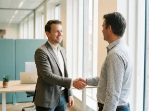 Nieuwe medewerker schudt hand met manager in modern Nederlands kantoor, laptop en succulent op bureau op de achtergrond.