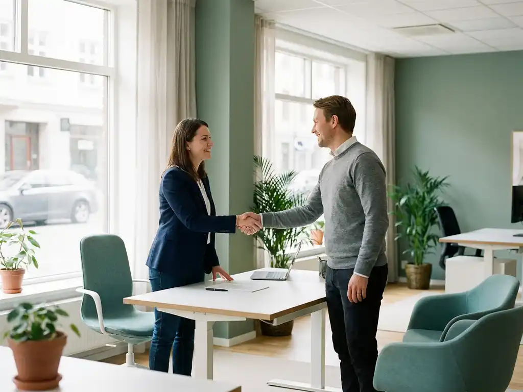 Ondernemer verwelkomt nieuwe medewerker aan modern bureau in licht Nederlands kantoor met salie-groene tinten.