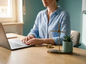 Ondernemer aan modern bureau met laptop, miniatuurweegschaal met munten en plantje, warm natuurlijk licht, rustige sfeer.