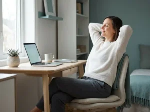 Zelfverzekerde ondernemer ontspant aan modern bureau met laptop en vetplant in zacht teallicht.