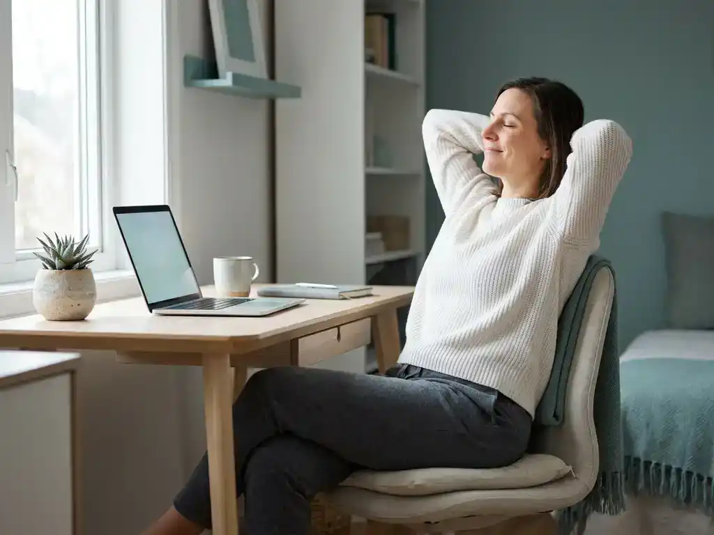 Zelfverzekerde ondernemer ontspant aan modern bureau met laptop en vetplant in zacht teallicht.