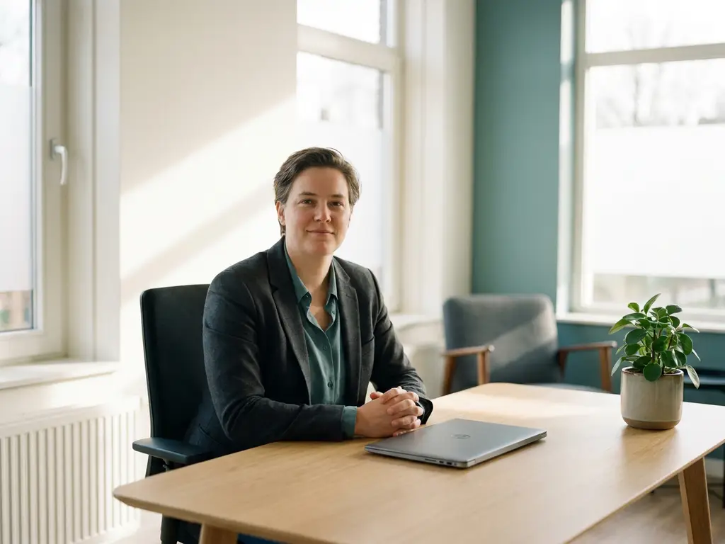 Zelfverzekerde ondernemer ontspannen aan modern bureau met gesloten laptop en groene plant in licht minimalistisch kantoor.