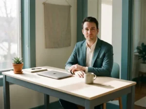 Ontspannen ondernemer aan minimalistisch bureau met laptop en kleine plant, warm natuurlijk zijlicht, rustige moderne werkplek.