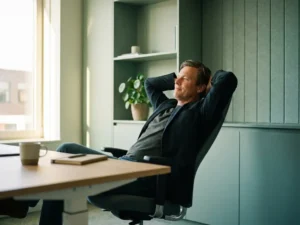 Zelfverzekerde werkgever ontspannen in ergonomische stoel met handen achter het hoofd, in een minimalistisch modern kantoor met zacht natuurlijk licht.