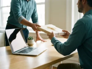 Werkgever overhandigt georganiseerde mappen aan collega aan modern bureau met laptop en succulent op de achtergrond.
